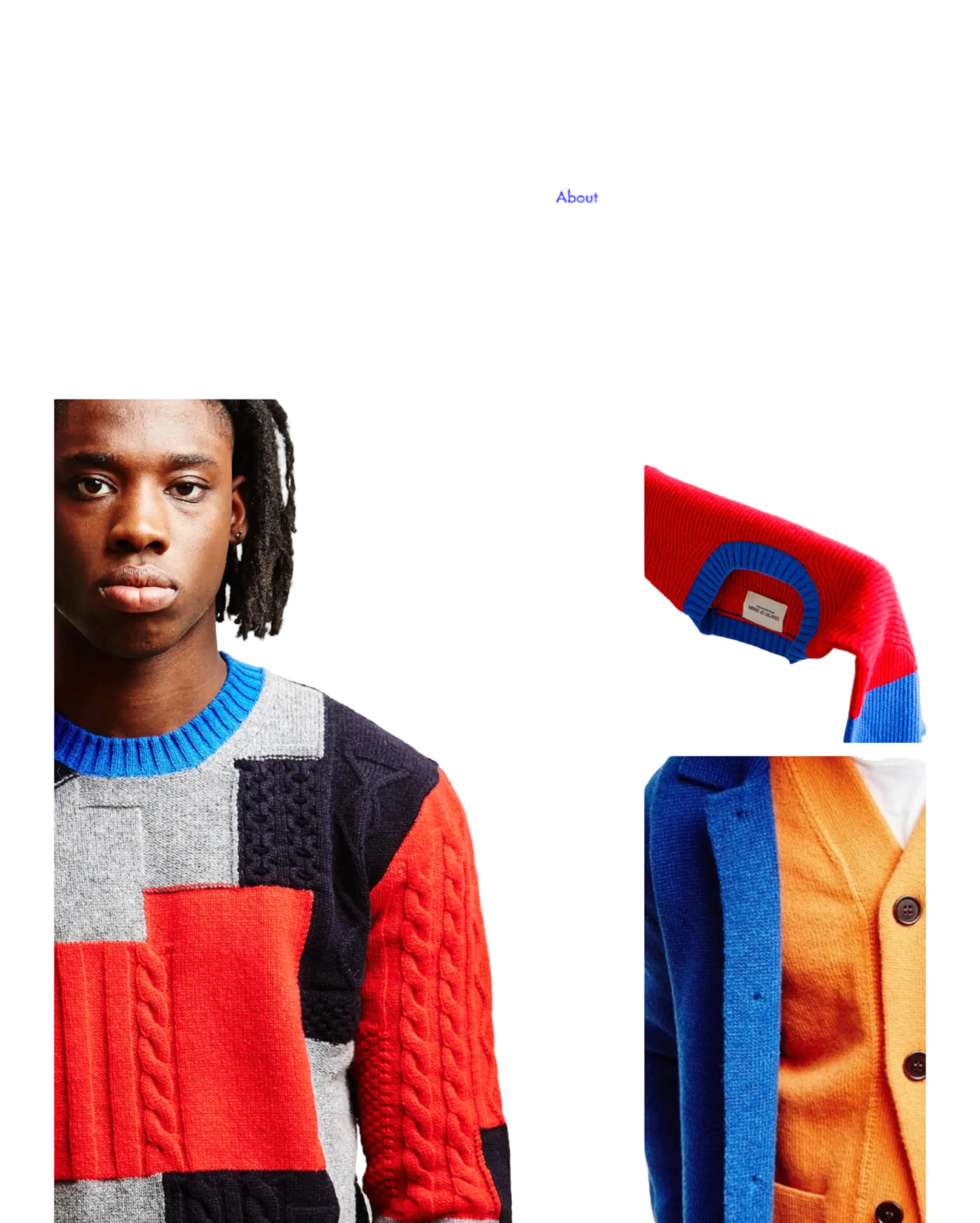Spring collection '22 clothing website with a model wearing a colorful sweater.